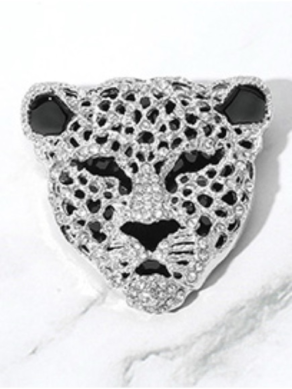 Crystal Panther Face Brooch - Black and Silver